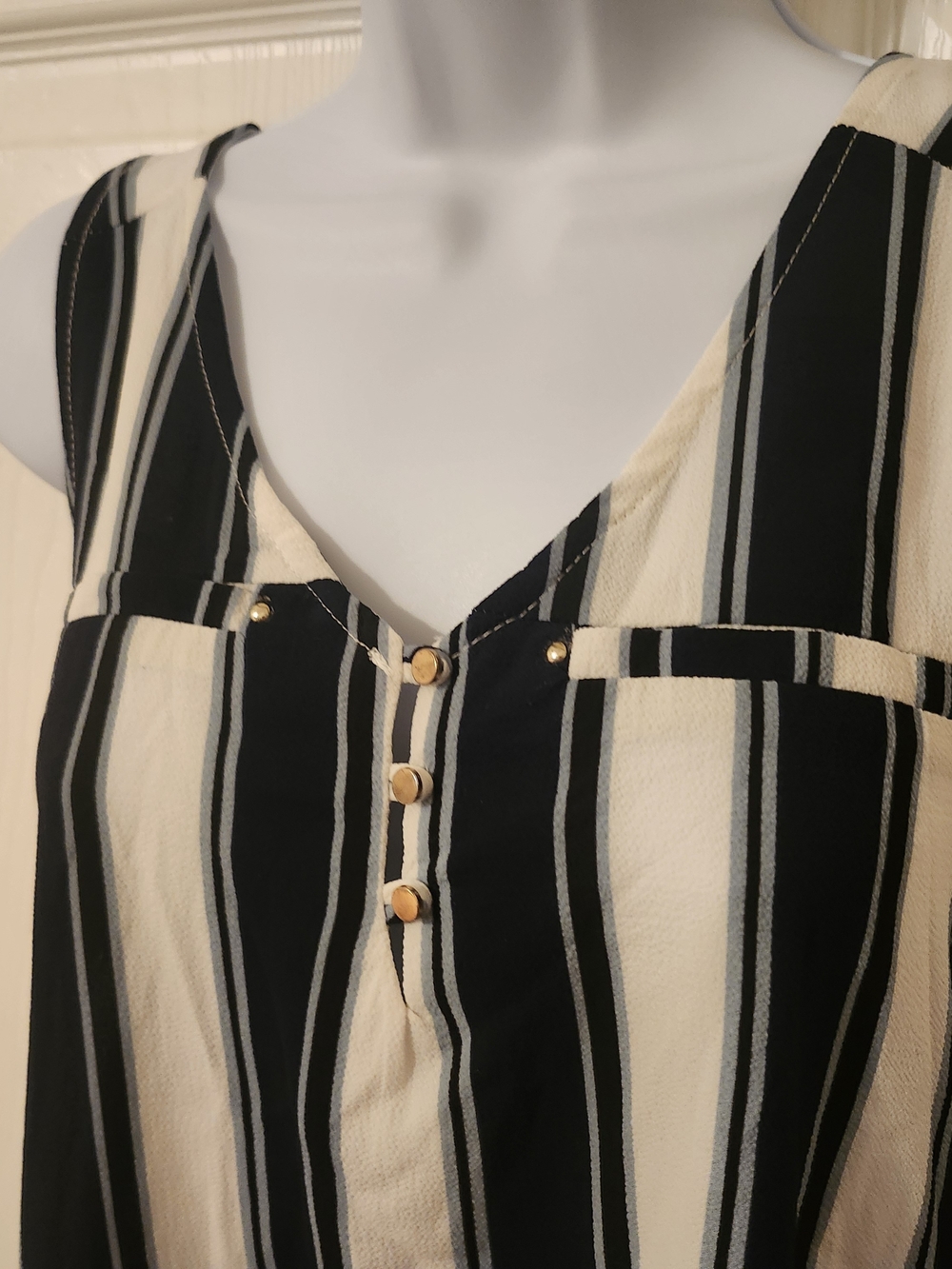 Navy Blue and Cream Vertical Stripe Sleeveless Top
